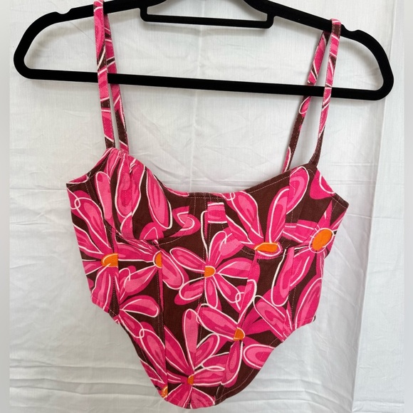 NWT Denim Corset Floral Print Dipped Hem - Picture 3 of 9